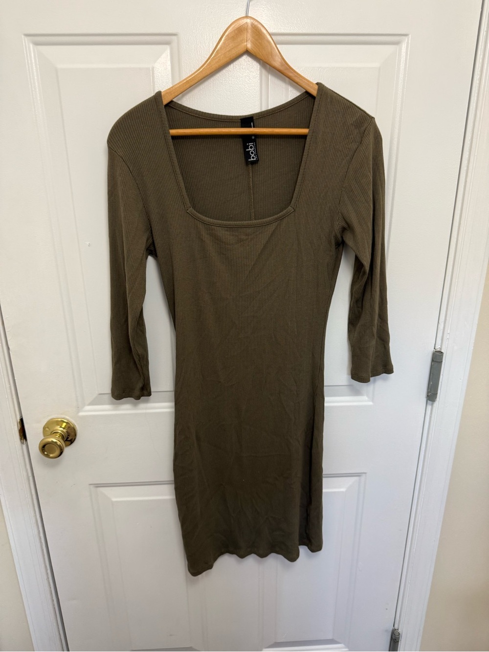 Bobi Los Angeles Olive Green Square Neck Ribbed Bodycon Dress Size Medium